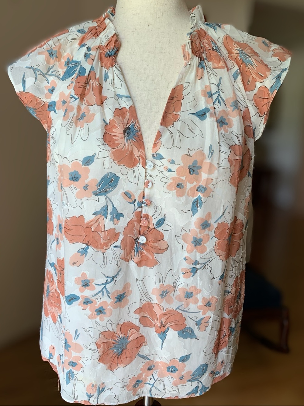 Rebecca Taylor White Blouse with Coral and Blue Floral Print